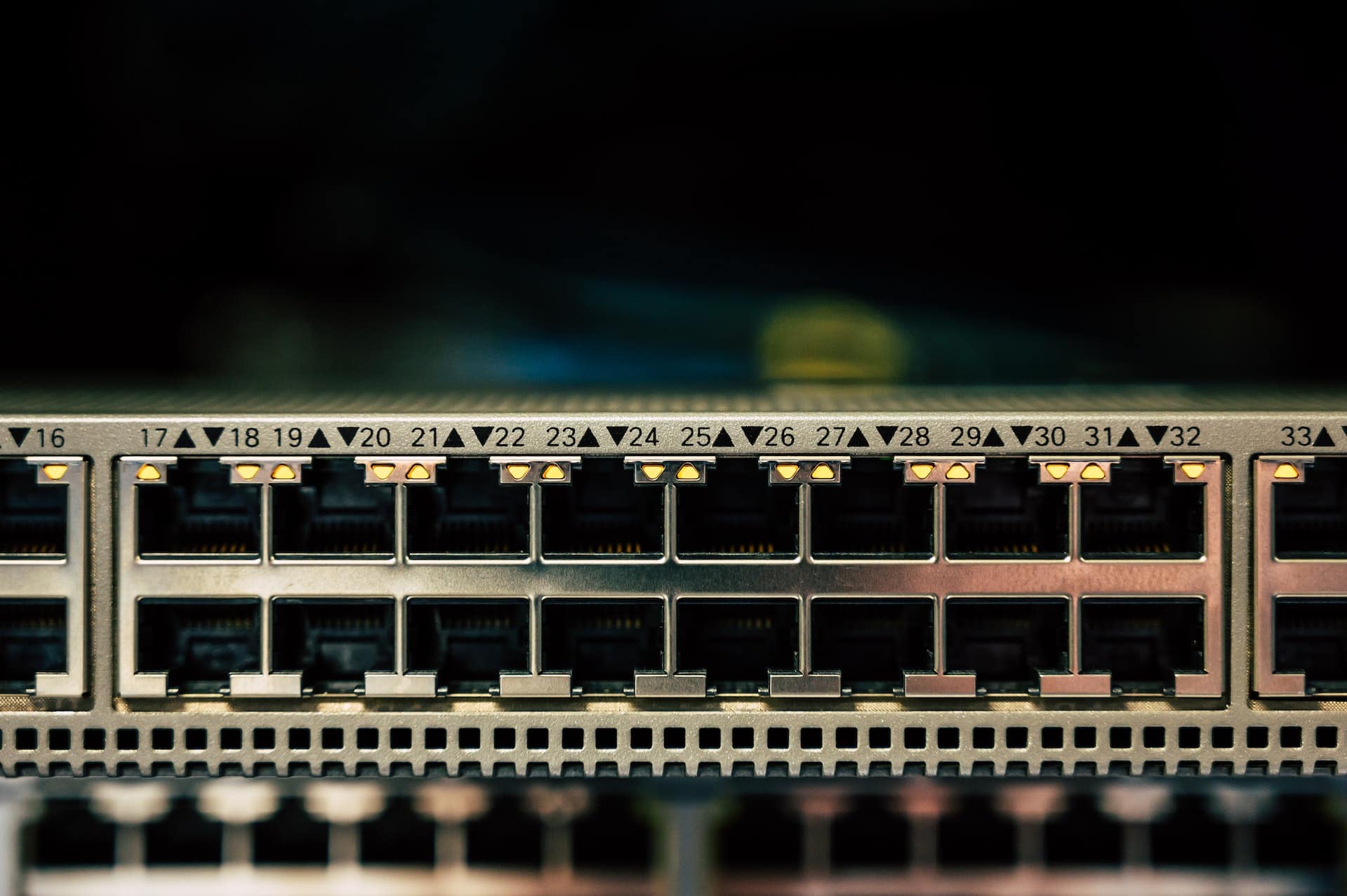 closeup of a network switch ports