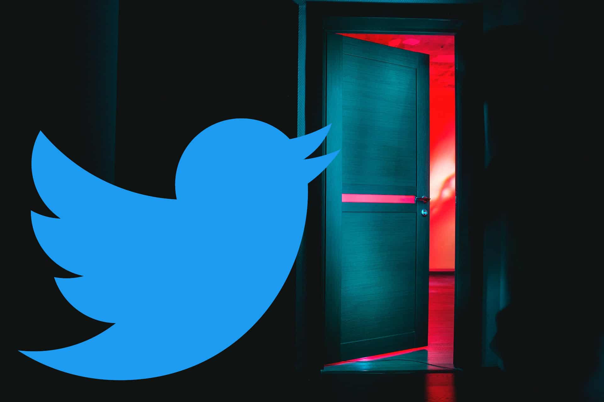 The Twitter logo before an ominous door.