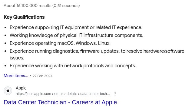 Apple's job requirements for a Data Center Technician role